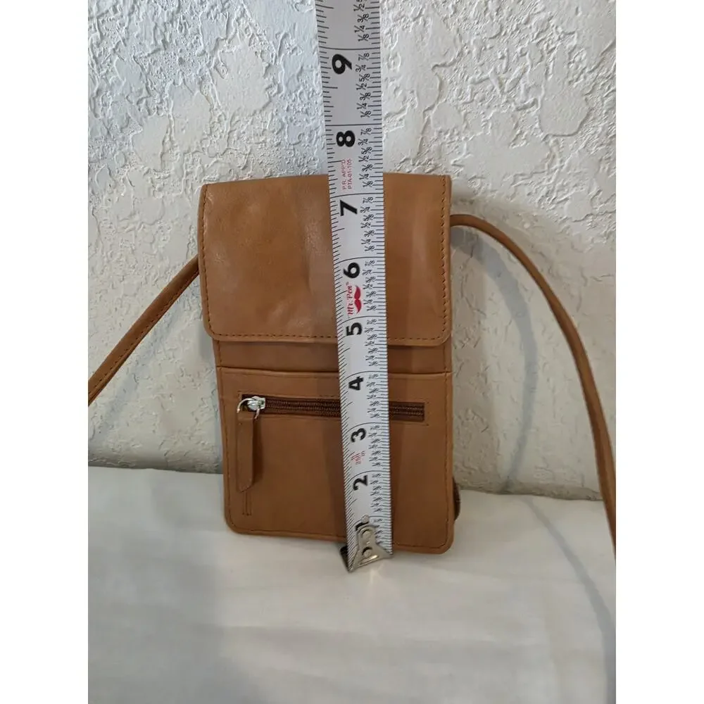 iLi New York Genuine Leather RFID Phone Wallet Crossbody Purse Tan Brown